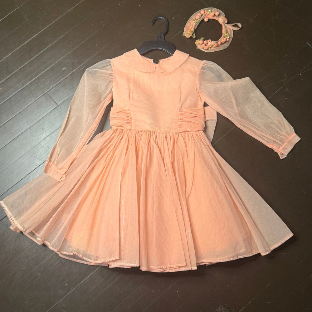 Vintage Girls Peach Tulle Party Dress + Floral Crown Sheer Sleeves
